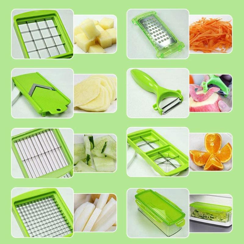 Complete 12-in-1 veggie slicer set with multiple blades, container & safety handguard for versatile chopping.