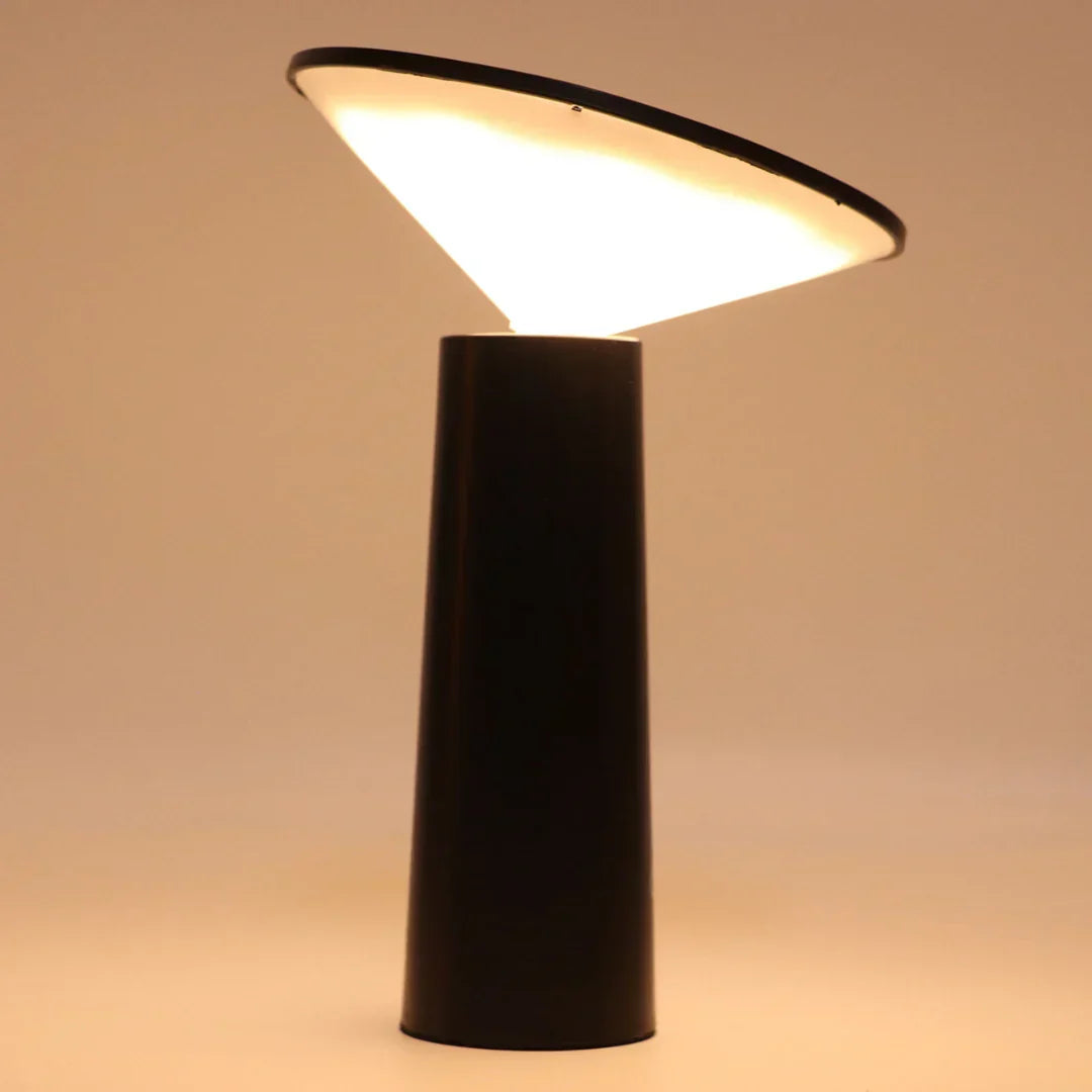Dimmable LED desk lamp with flexible arm, rechargeable for wireless, portable use.