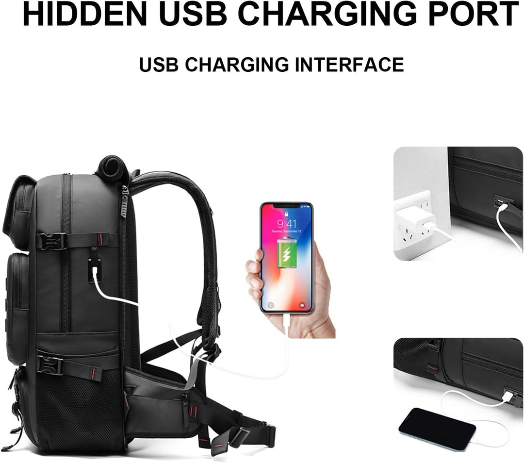Multi-functional 50L waterproof backpack, great for travel, hiking, & camping with shoe compartment & USB port.
