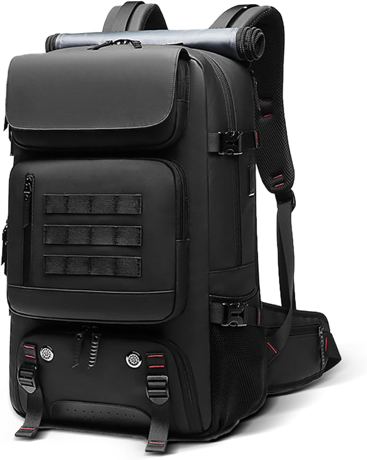 Unisex 50L waterproof travel backpack with shoe compartment & USB port, perfect for hiking & camping adventures.