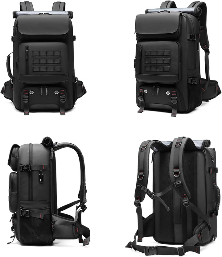 Versatile unisex 50L waterproof travel backpack featuring a separate shoe compartment & integrated USB charging port.