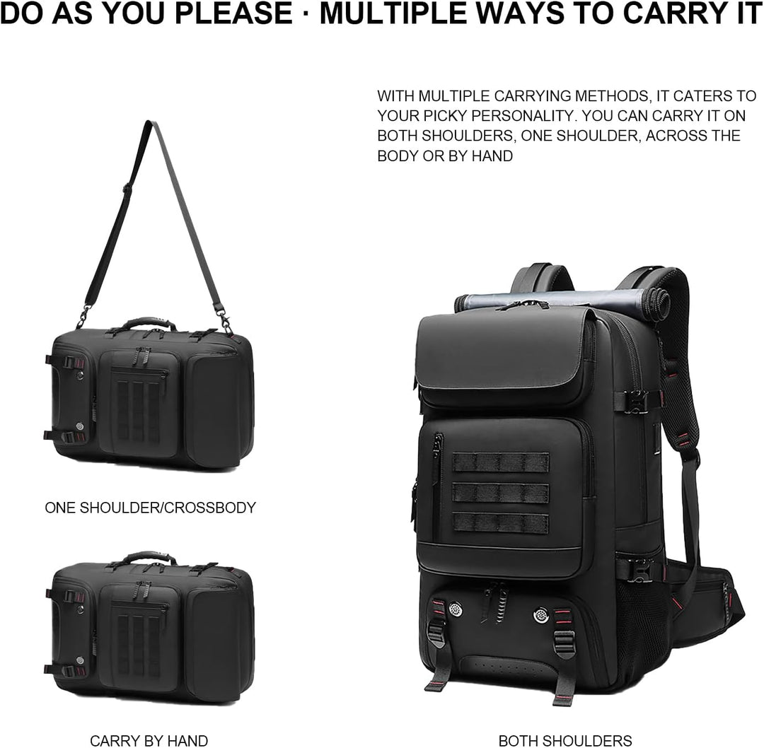 Durable 50L waterproof travel backpack with shoe compartment & USB port, ideal for all your outdoor adventures.