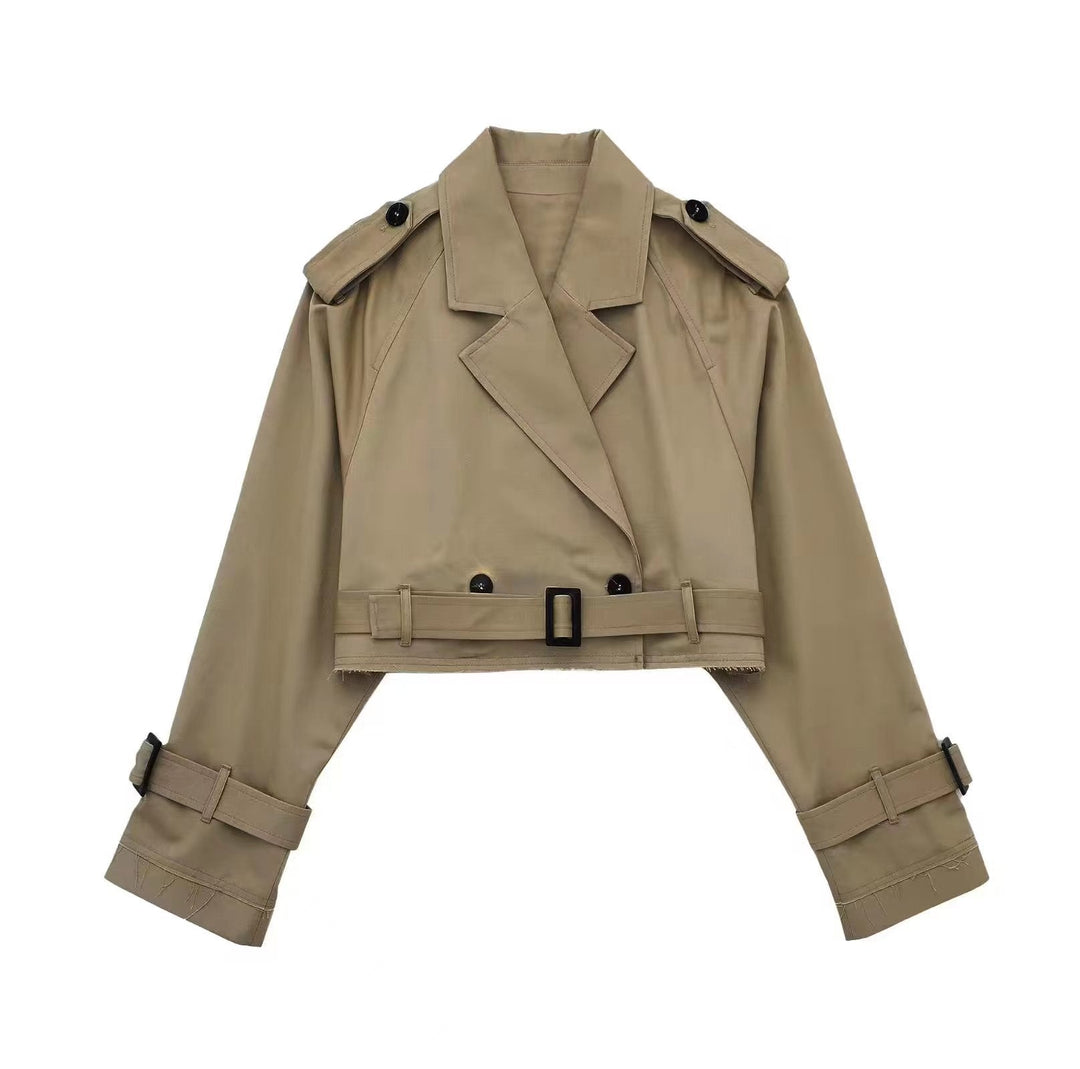 Casual chic women's cropped belted trench coat, a stylish outerwear piece for versatile modern fashion & city style.