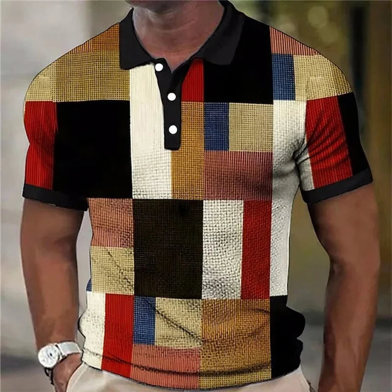 Collared men's polo shirt with a eye-catching vibrant plaid patchwork pattern, ideal for modern menswear.