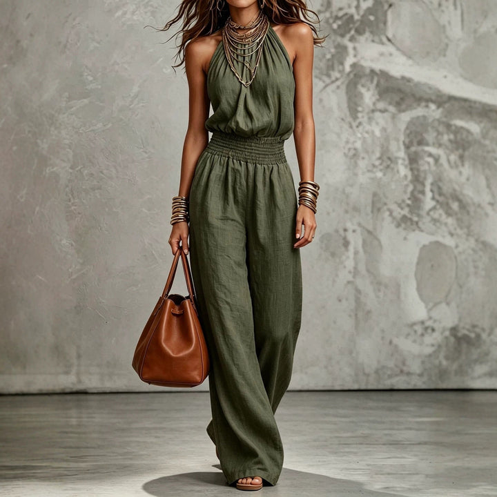 Versatile women's backless halter jumpsuit with a wide-leg cut, great for casual or elegant summer fashion.