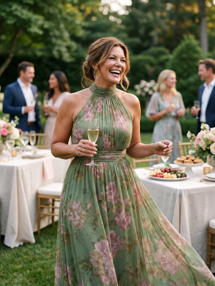 Summer-ready sage green floral halter midi dress, an elegant and comfortable choice for women's occasion wear.