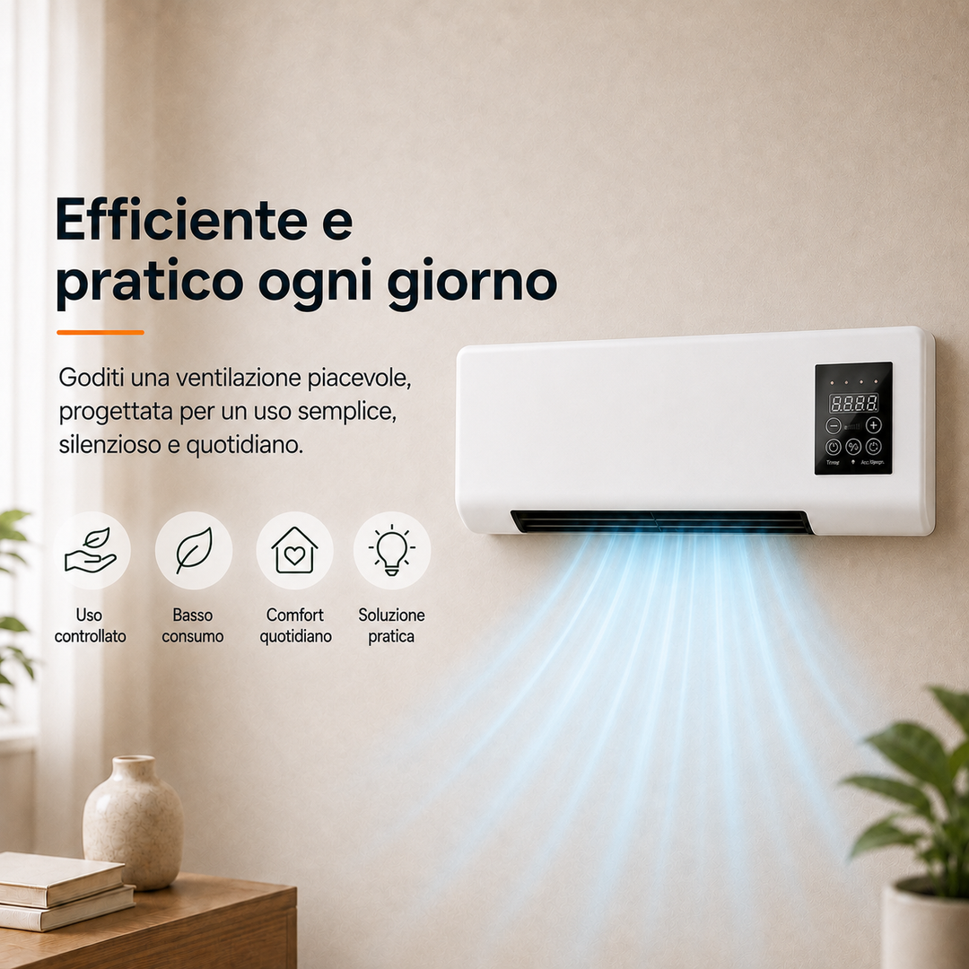 Easy-to-install wall fan, remote controlled, offers powerful cooling without taking floor space.