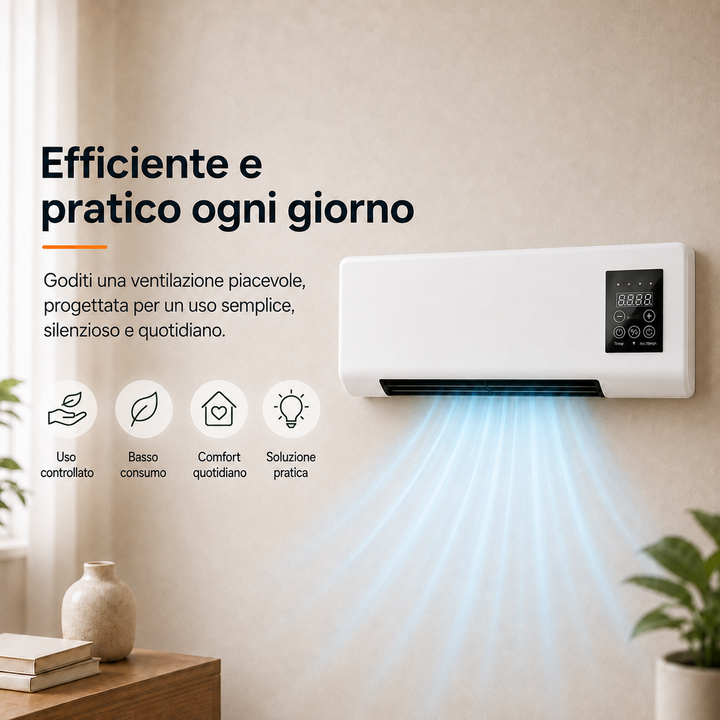 Easy-to-install wall fan, remote controlled, offers powerful cooling without taking floor space.