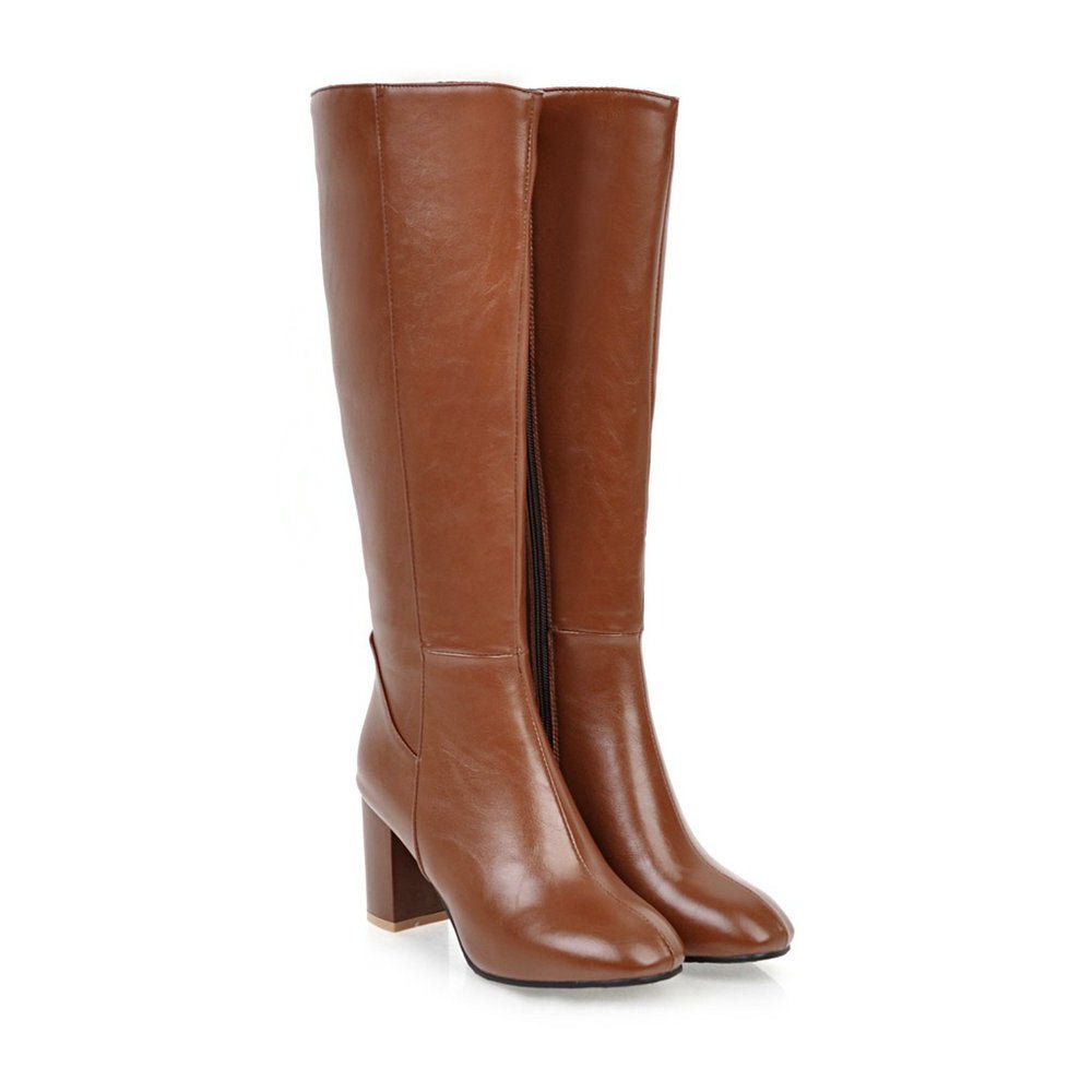 Elegant women's knee-high black leather boots with block heels & rounded toe. Perfect for fall & winter style.