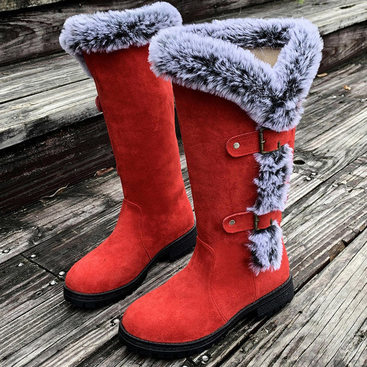 Women's knee-high fur-trim buckle boots, stylish & cozy, perfect winter & fall fashion footwear.