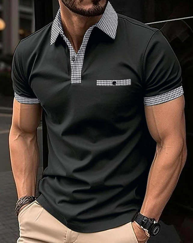 Man wearing a versatile men's checkered collar polo shirt, perfect for smart casual timeless style & comfort.
