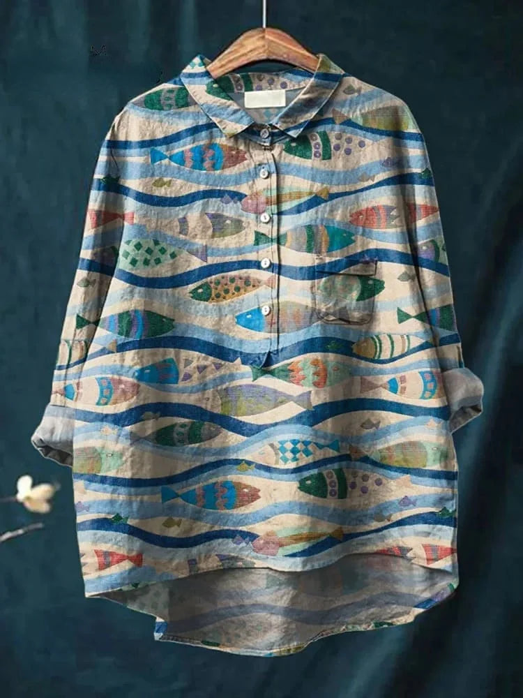 Men's casual long sleeve shirt featuring a vibrant, unique playful fish art print for artistic fashion.