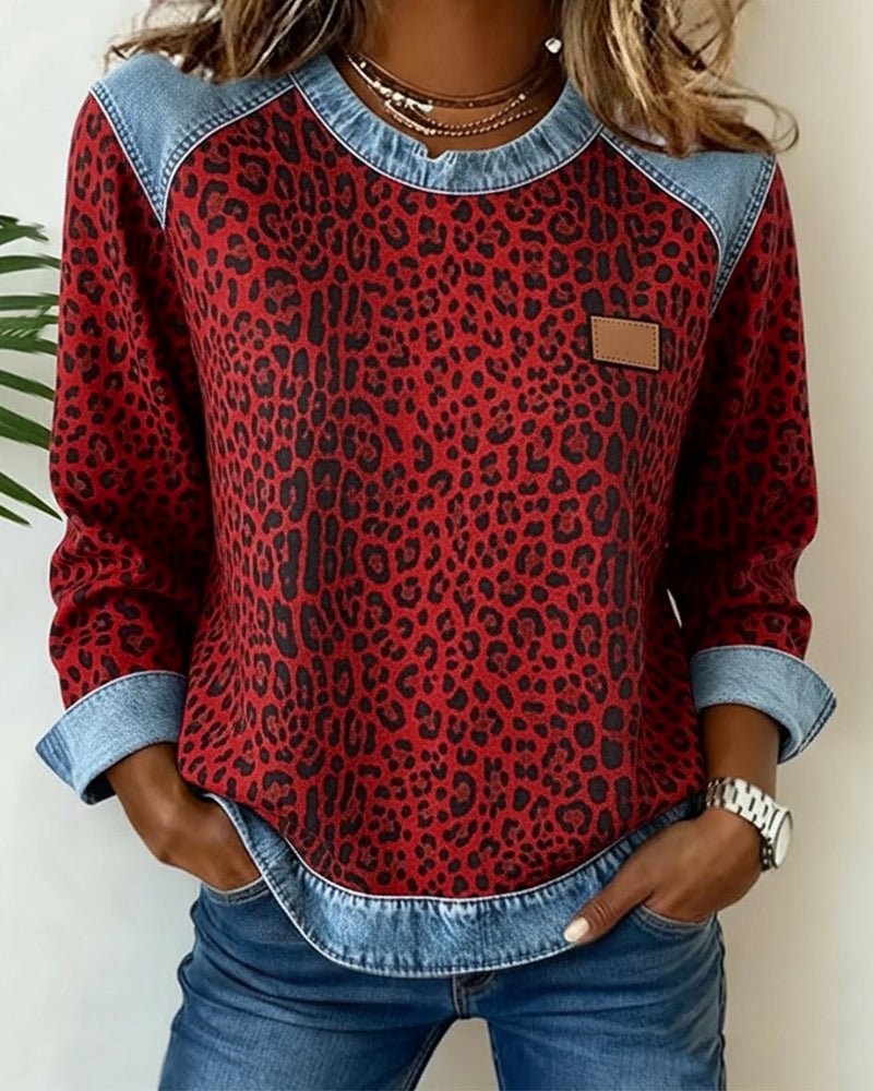Stylish women's leopard print crew neck sweater, a comfy knit pullover with a chic animal print for fall.
