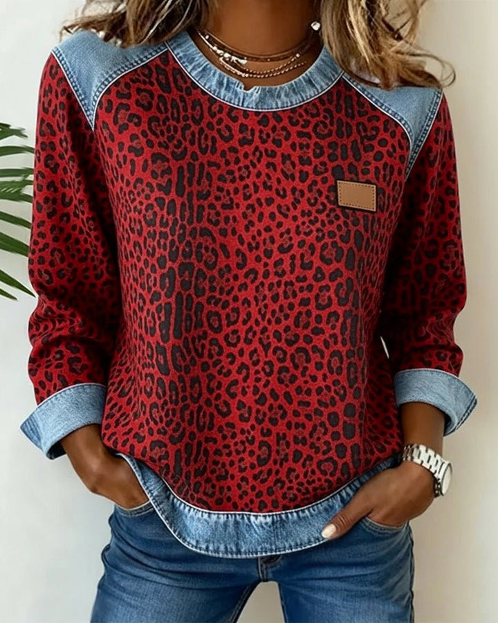 Stylish women's leopard print crew neck sweater, a comfy knit pullover with a chic animal print for fall.