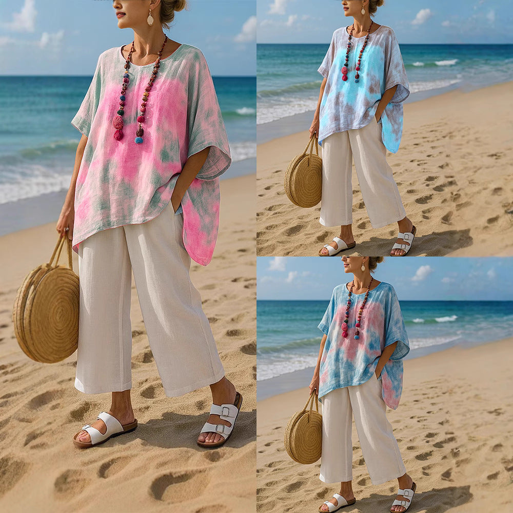 Women's royal blue asymmetric tunic top, relaxed fit, perfect for summer casual wear & beach days.