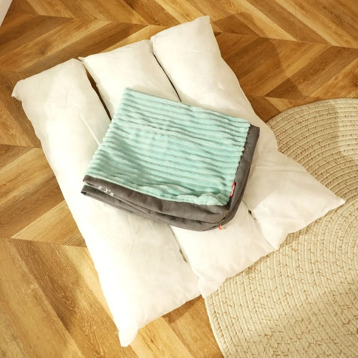 Large light green orthopedic pet bed, plush comfort & joint support for big dogs, easy to clean.
