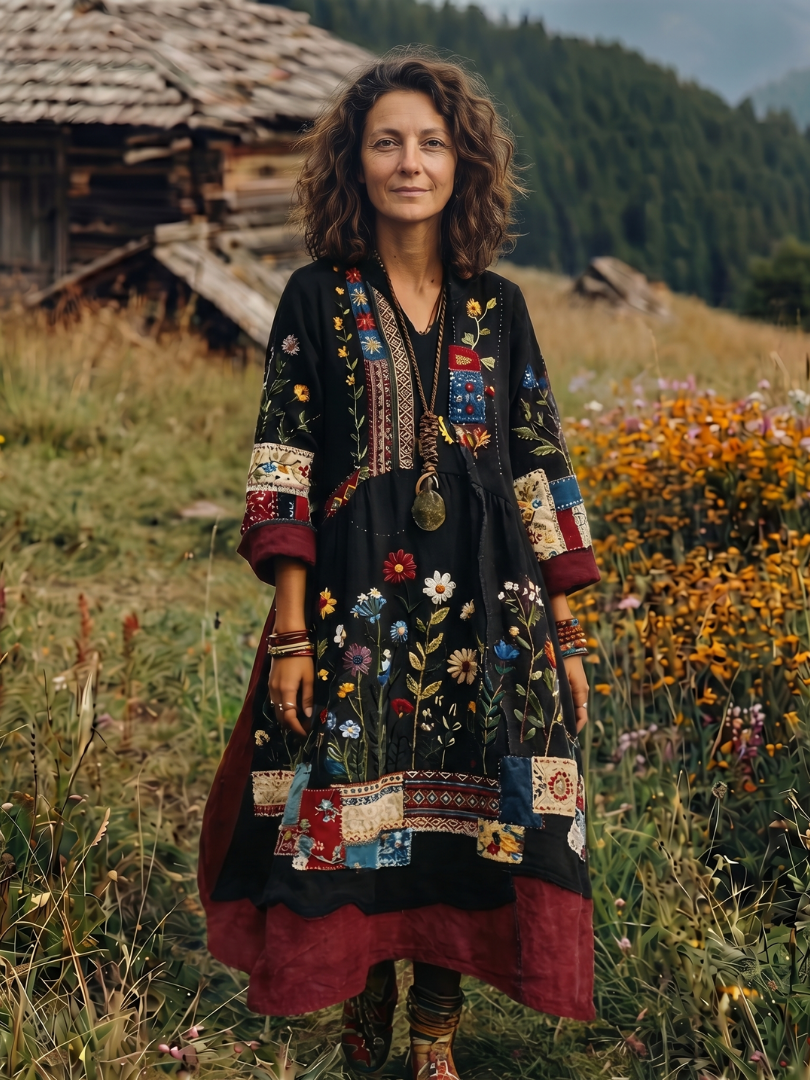 Close-up of delicate embroidery on the panel of an elegant long sleeve women's midi dress. High-quality details.