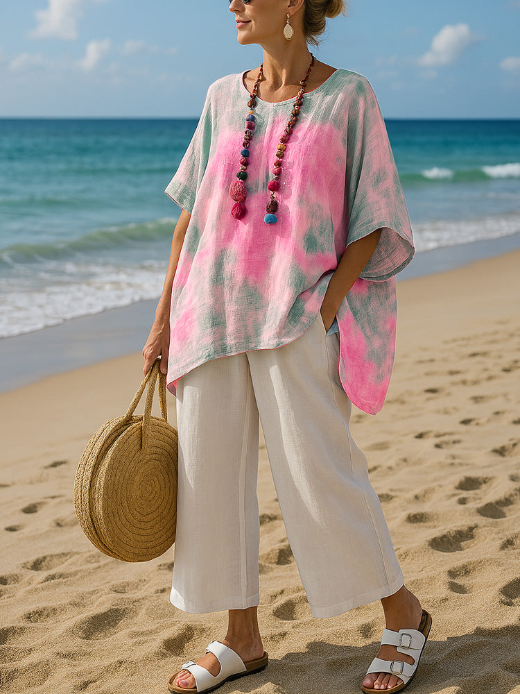 Royal blue asymmetric tunic top for women, a relaxed fit summer top, great for casual, beach, or vacation wear.