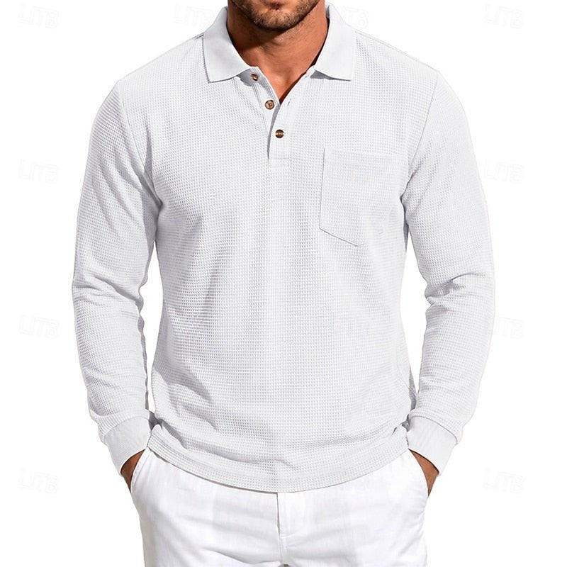 Stylish men's long-sleeve textured polo shirt in a classic fit. Ideal for fall/spring refined casual wear.