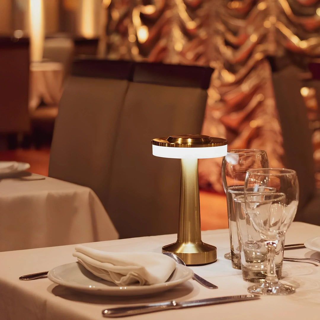 Rechargeable LED retro bar table lamp for modern vintage home decor. Cordless dimmable accent lighting.