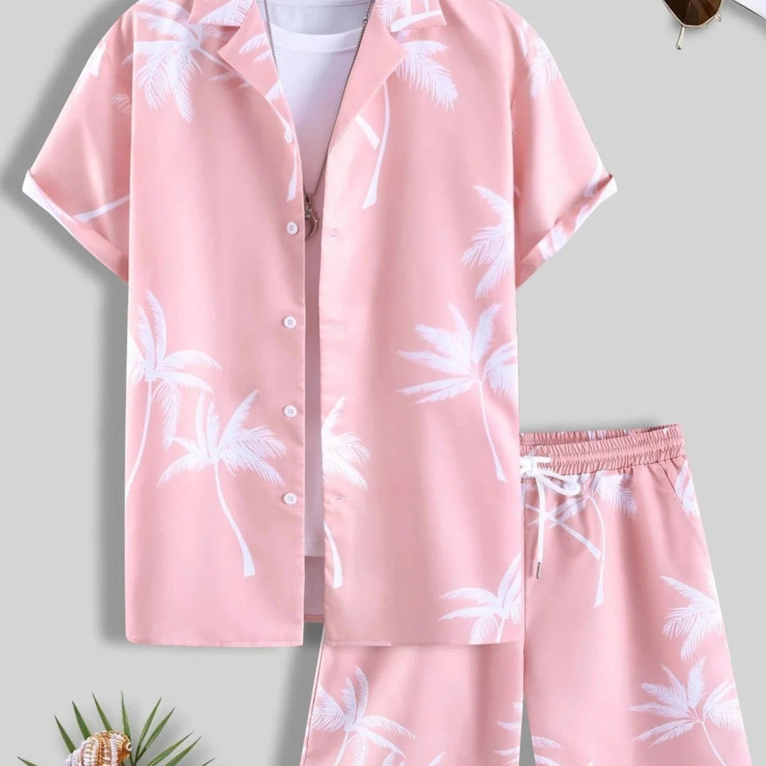 Versatile men's tropical summer matching set: printed shirt & shorts for beach, casual outings, resort.