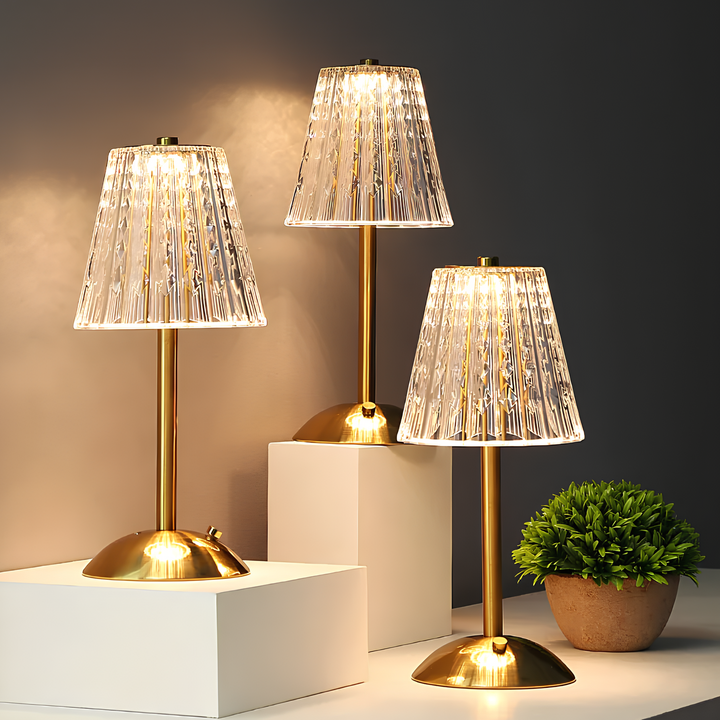 Rechargeable Golden Crystal Table Lamp, featuring LED lighting, dimmable and touch-controlled.