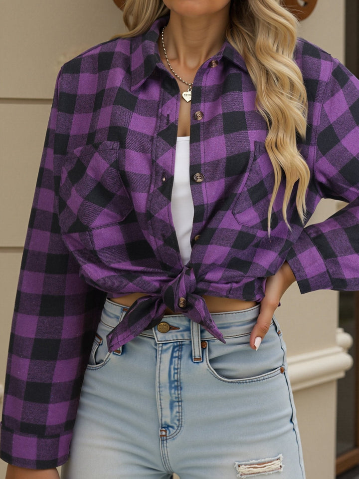 Women's relaxed fit button-up shirt in iconic buffalo check pattern, long sleeves.