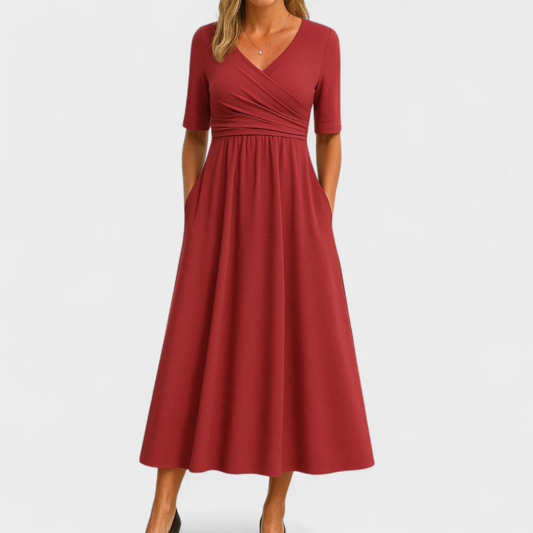 Women's flattering V-neck midi dress with short sleeves. Elegant chic fashion, ideal for summer parties & casual wear.