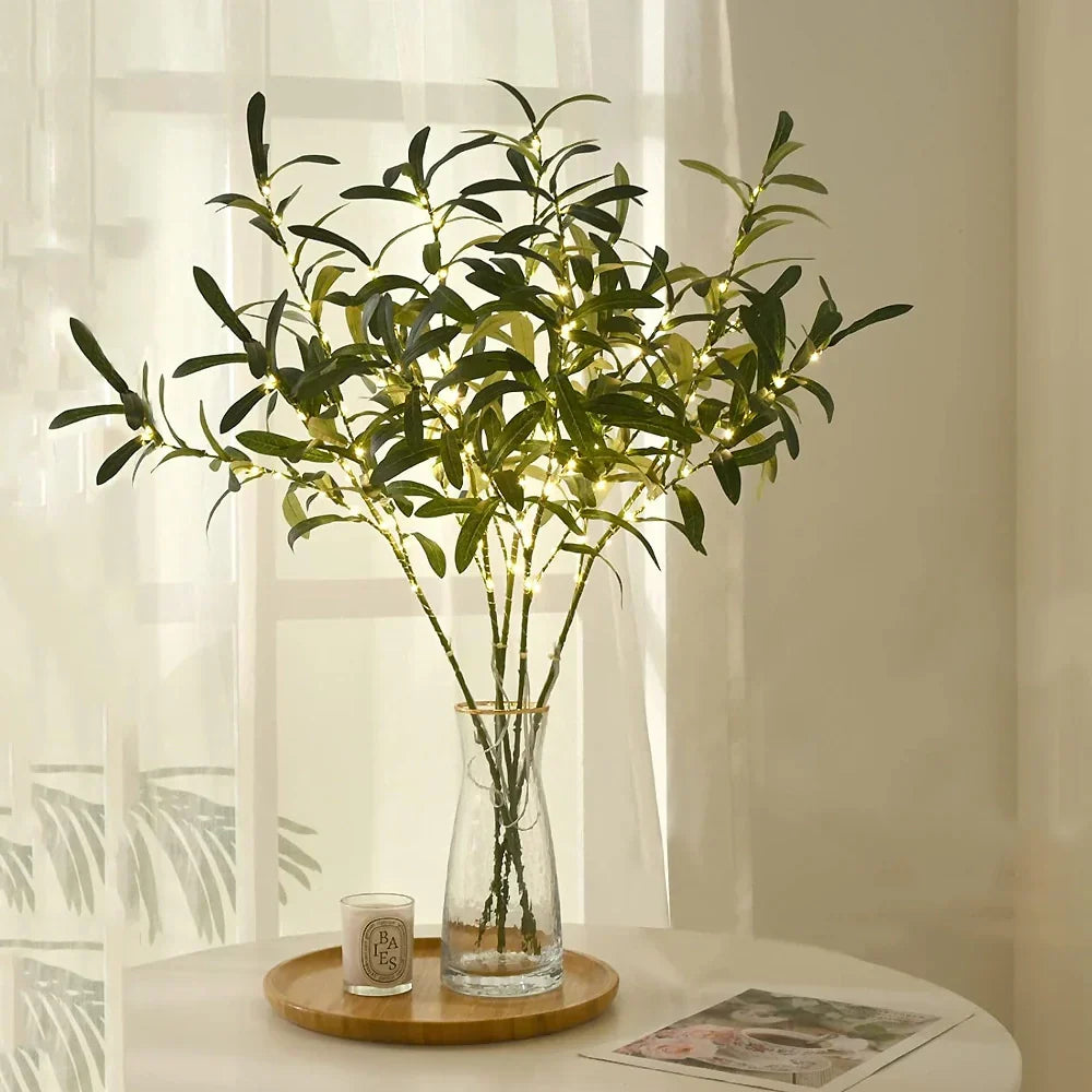 Warm white LED lighted flower branches, creating a cozy & inviting indoor ambiance for decor.