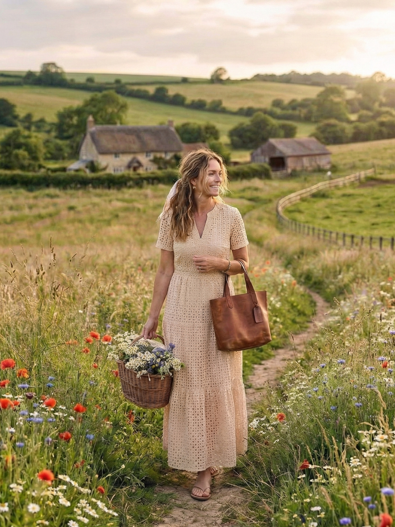 Stylish women's short sleeve eyelet dress featuring a tiered midi length, perfect for warm weather and feminine style.