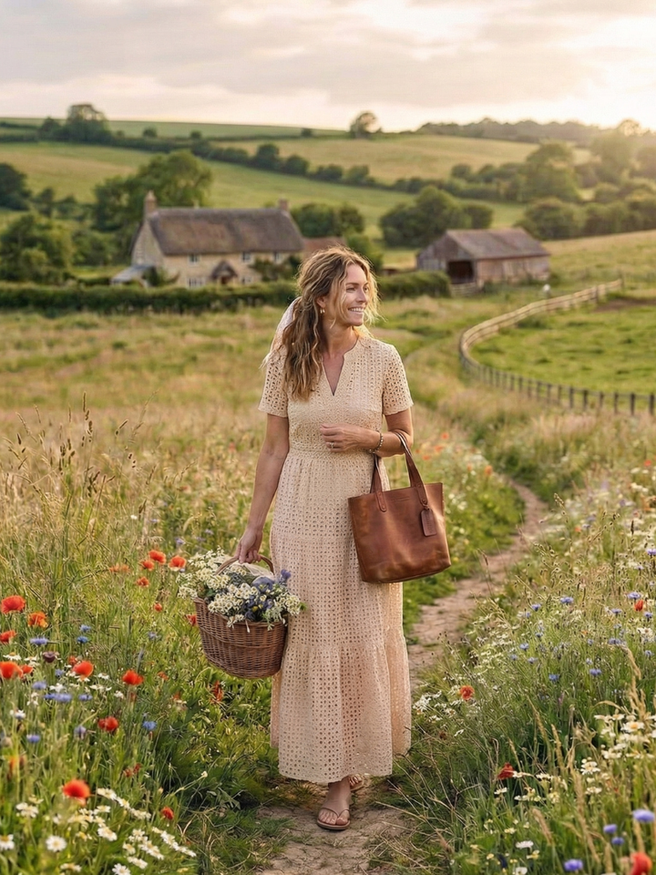 Stylish women's short sleeve eyelet dress featuring a tiered midi length, perfect for warm weather and feminine style.