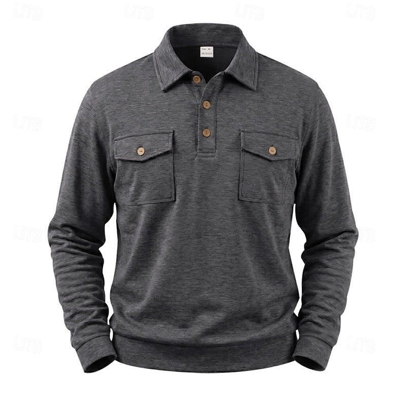 Timeless men's fashion: long-sleeve pocket polo shirt, perfect for smart casual and comfortable daily style.