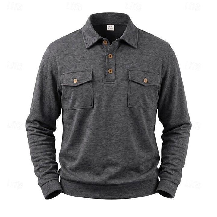 Timeless men's fashion: long-sleeve pocket polo shirt, perfect for smart casual and comfortable daily style.