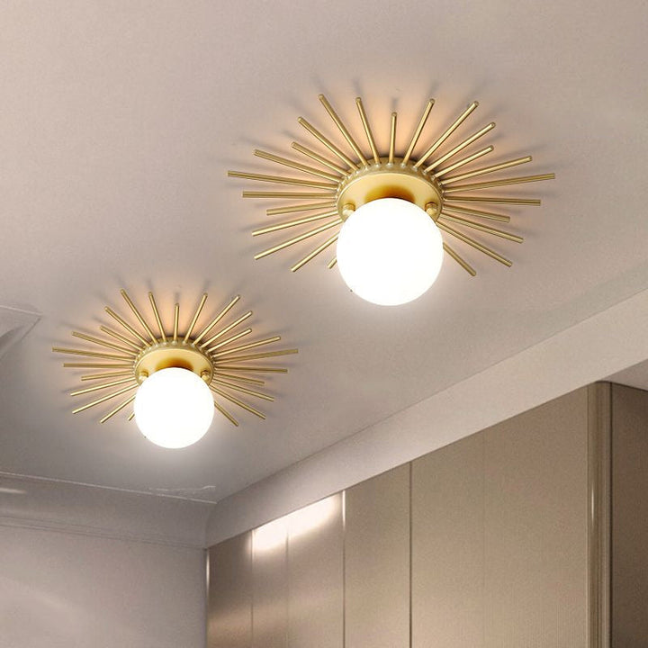 Spherical frosted glass ceiling lamp with a refined gold finish, enhancing modern home decor.