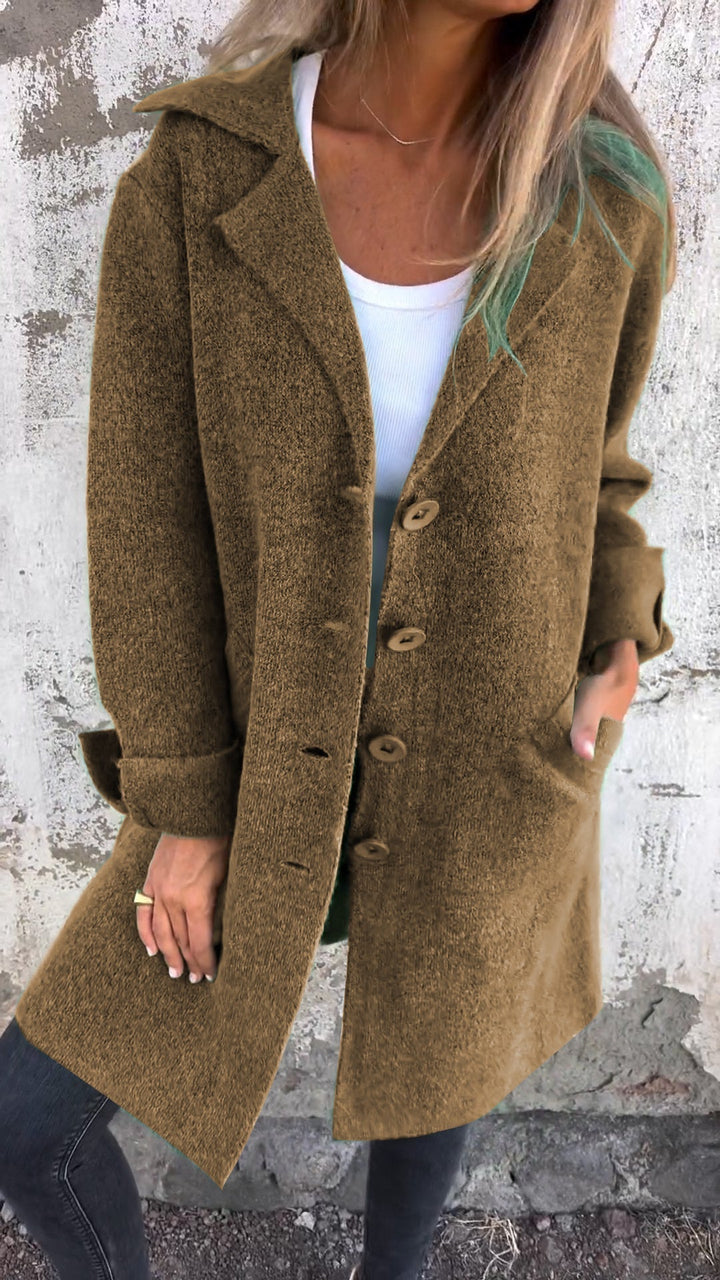 Classic women's long button coat. Versatile autumn outerwear, perfect for elegant fall & winter fashion.