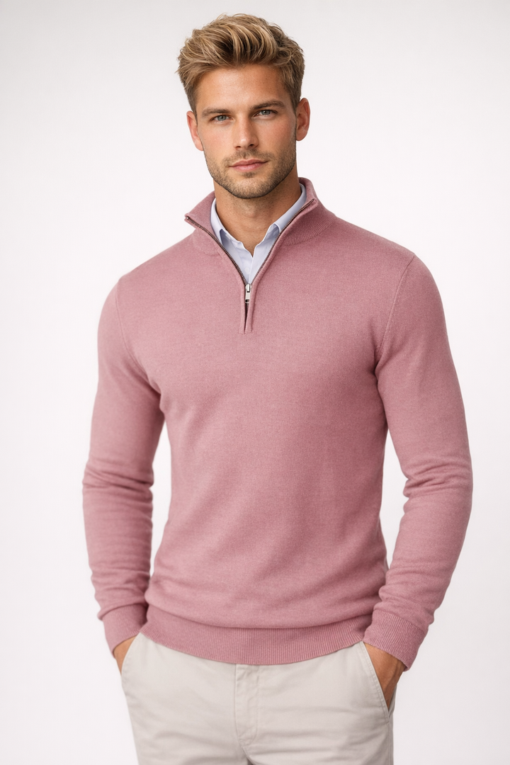Stylish men's half zip high neck sweater. A modern and versatile piece for any casual or smart-casual outfit.