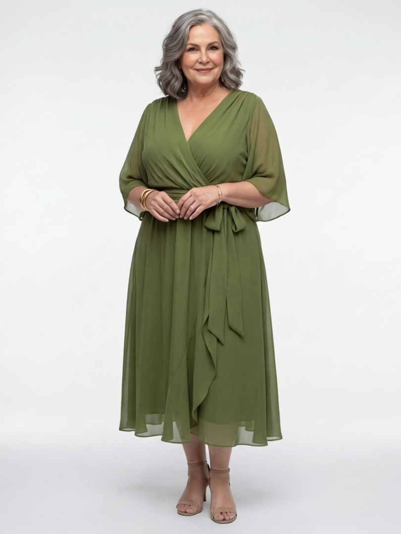 Flowy draped V-neck tie waist midi dress for women, an elegant & comfortable summer occasion dress.