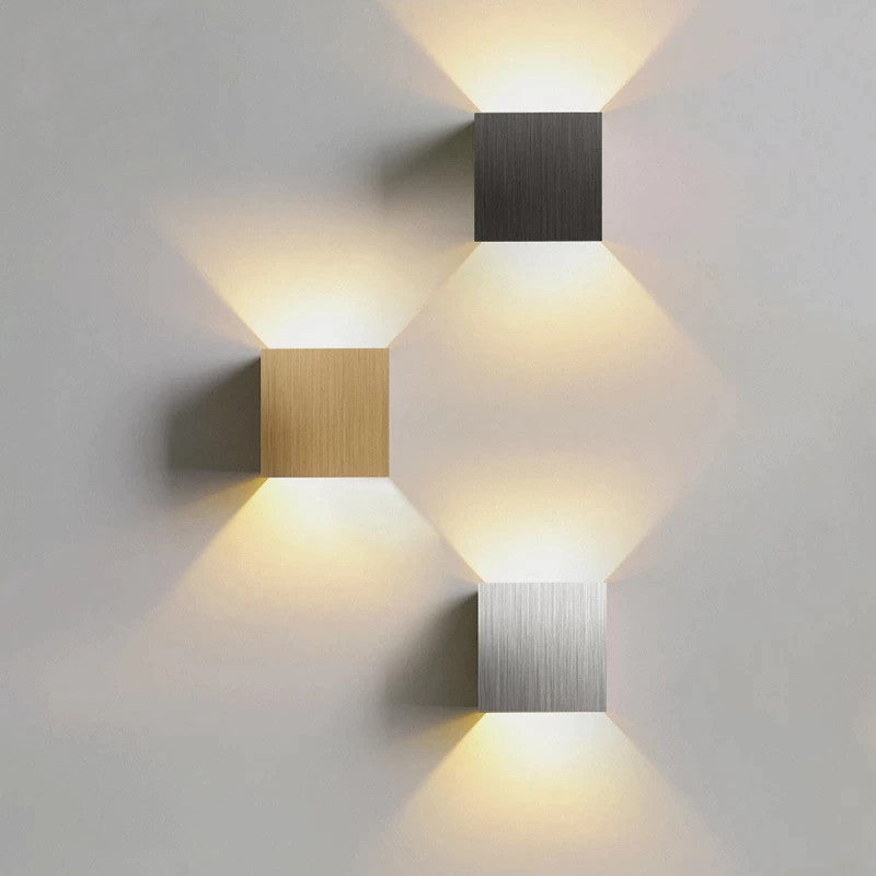 Nvroome Lights modern LED wall sconce. Aluminum cube design for up/down accent light in any room.