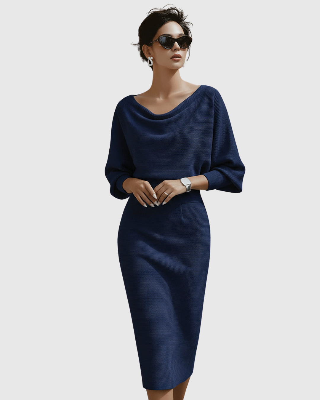 Black cowl neck midi dress for women, featuring elegant batwing sleeves & flattering fit.