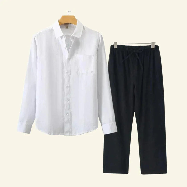 Lightweight men's co-ord set: two-piece shirt and trousers for cool, casual summer fashion.