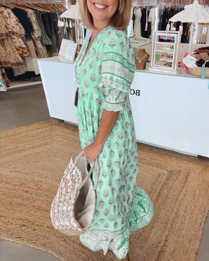 Floral V-Neck Midi Dress with Flowing Fit