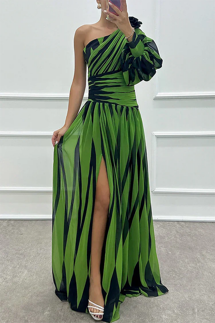 Summer fashion: Elegant women's striped one-shoulder maxi dress, chic and comfortable.