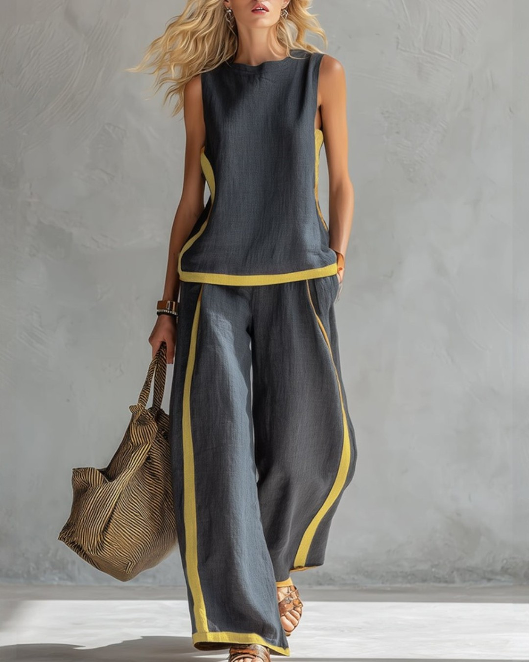 Elegant women's sleeveless top and wide leg trouser set. Perfect for versatile summer or spring fashion.