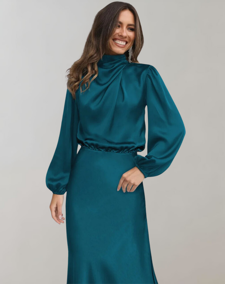 Sophisticated black long sleeve loose fit women's dress for a chic evening or formal event.
