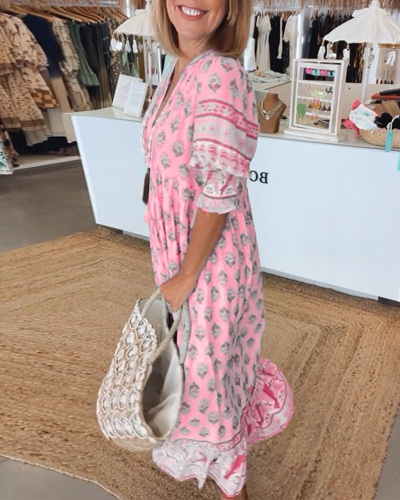 Floral V-Neck Midi Dress with Flowing Fit