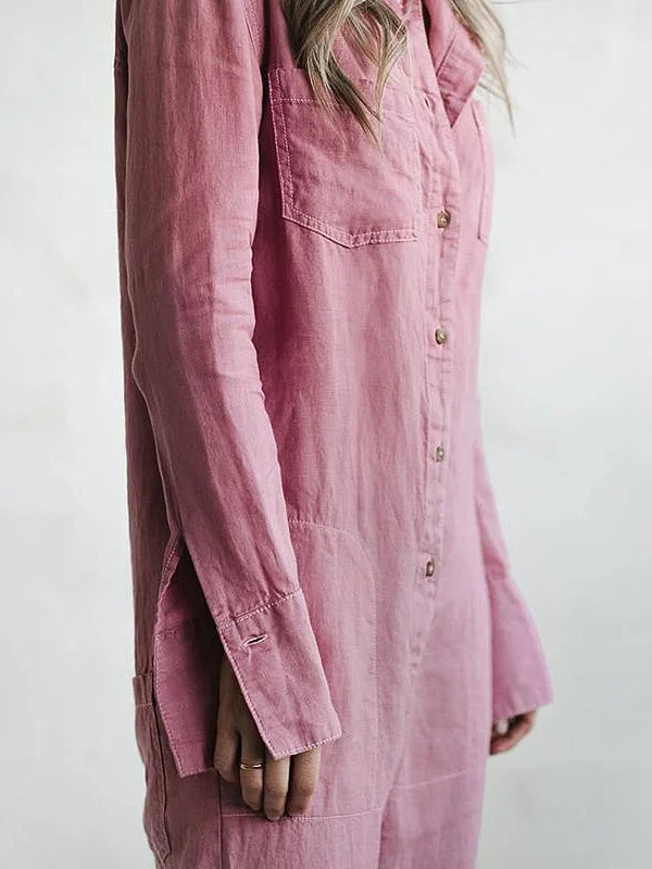 Full-length view of a women's chic long sleeve button-front jumpsuit, offering comfortable, versatile style.
