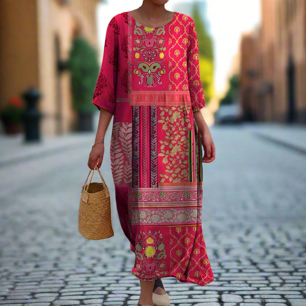 Flowy Ethnic Print Midi Dress for Women