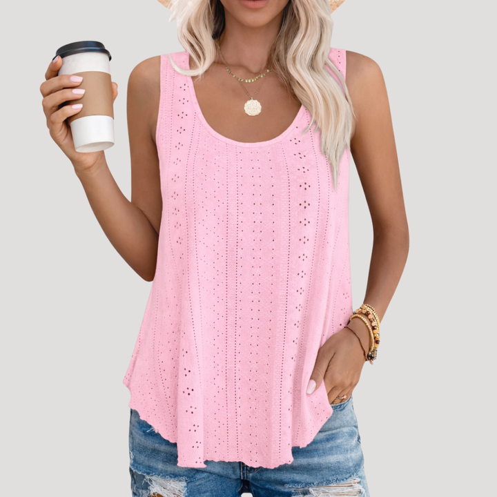 Women's Fenella eyelet scoop neck tank top, a stylish and comfortable sleeveless top for any summer activity.