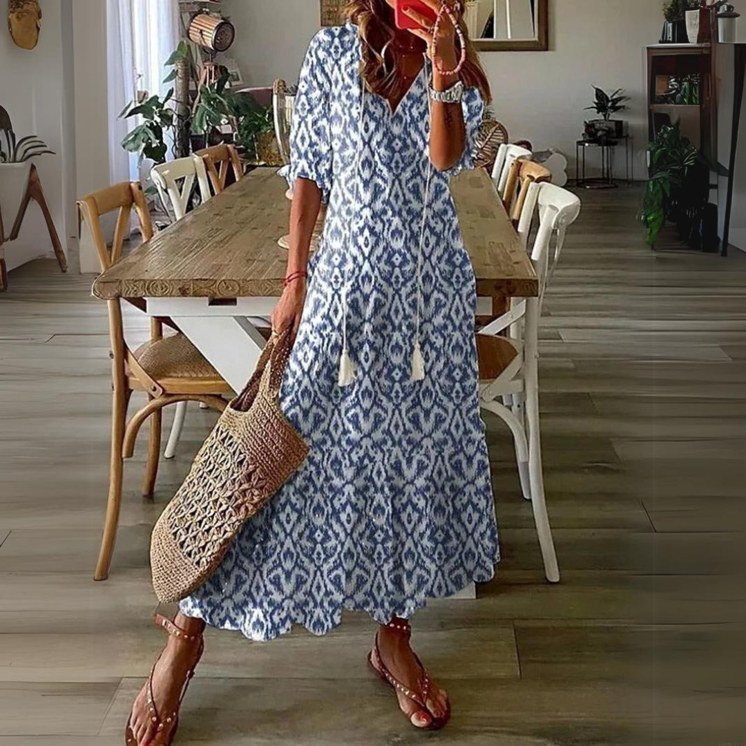 Light & airy floral print maxi dress. Women's V-neck, short sleeve summer dress for casual or elegant looks.