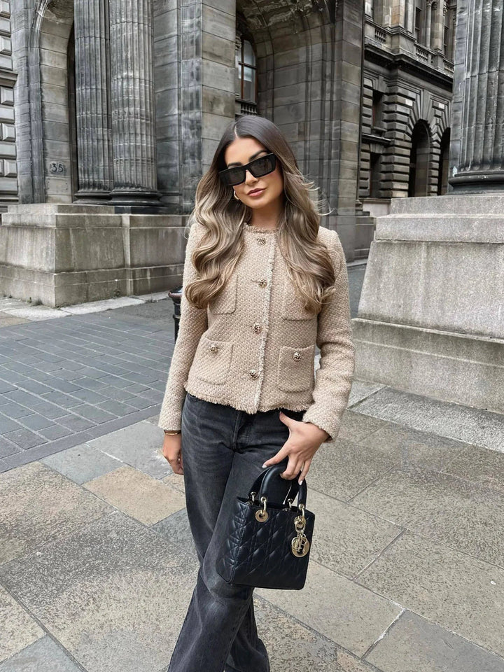 Women's chic urban jacket, elegant long-sleeve button-up outerwear for a polished everyday look.